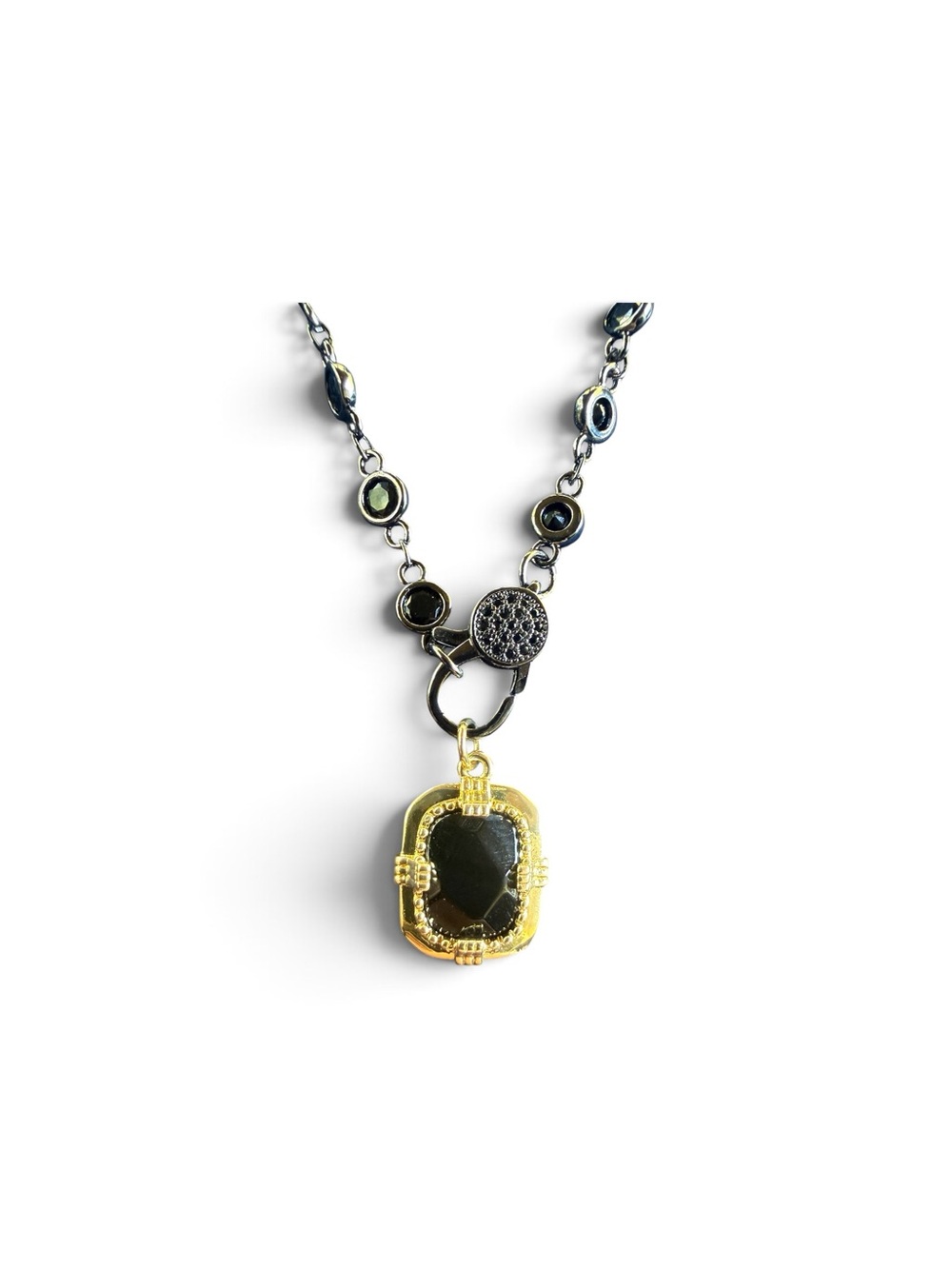 New Freida Rothman Black on black Crystal 18” Necklace w/ Gold & Black Charm